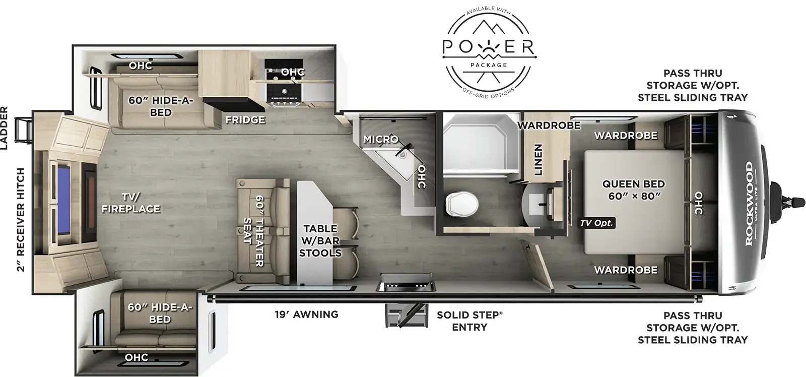 The Rockwood Ultra Lite Travel Trailers 2908SRL floorplan has one entry and two slide outs. Exterior features include: fiberglass exterior and 19' awning. Interiors features include: front bedroom and rear living.